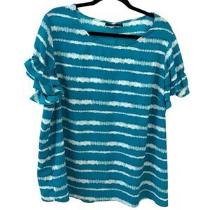 Lane Bryant Blue and White Striped Ruffle Sleeve Blouse Size 20